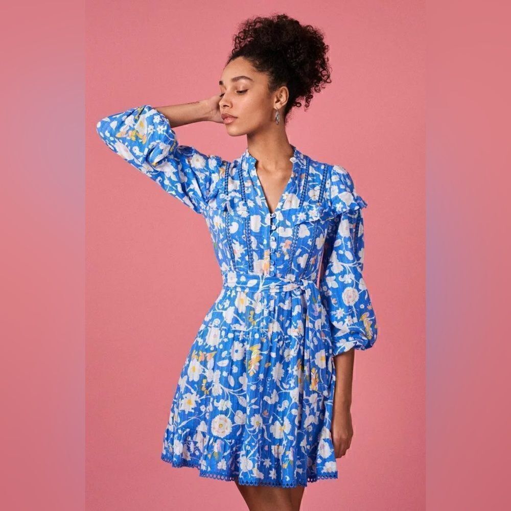 DVF Chicago Cotton Dobby Tiered Dress in Fortuna Blue NWT